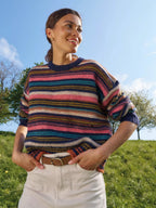 White Stuff Florence Stripe Jumper in Navy Multi styled outfit
