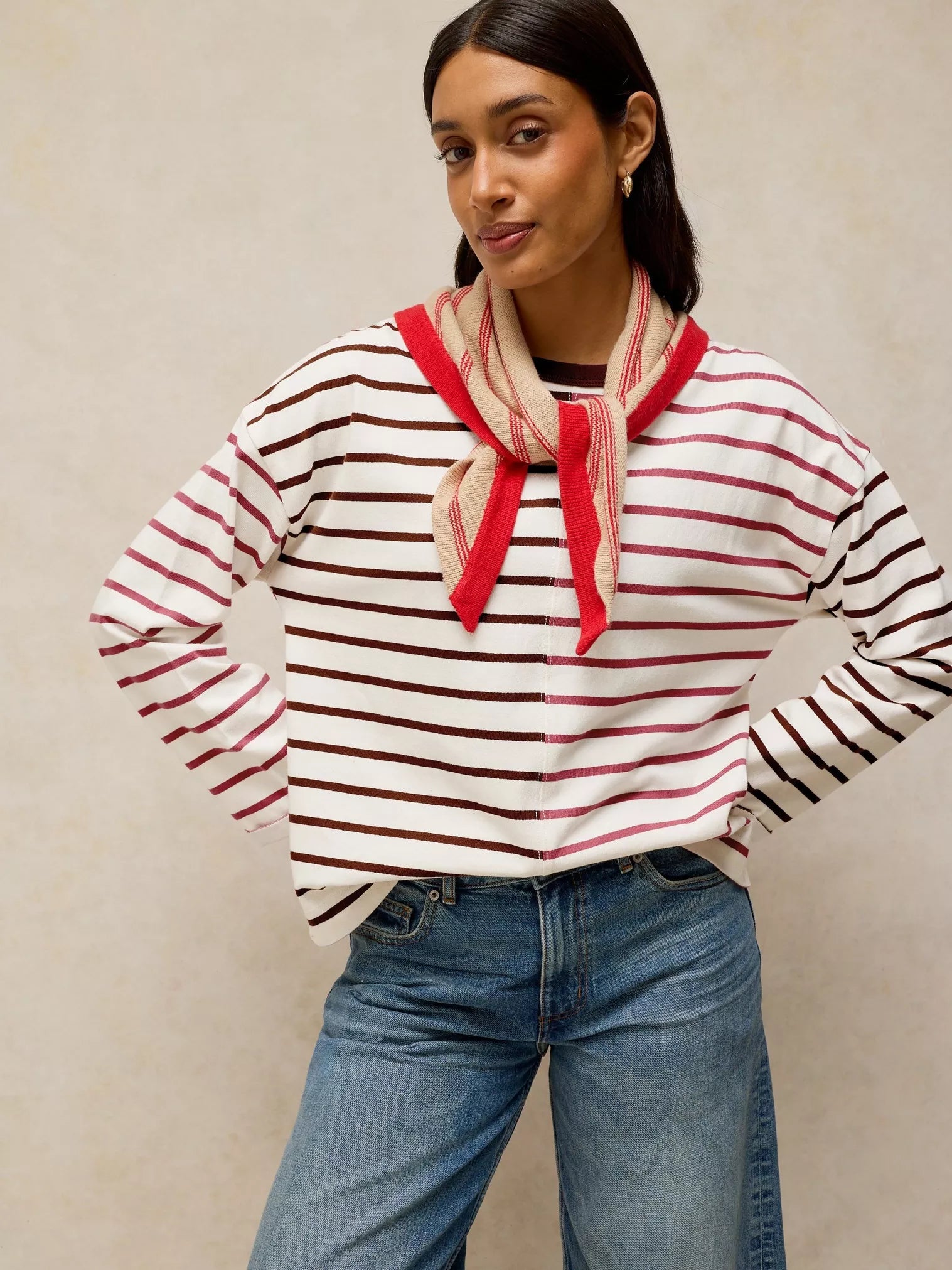 Kim Stripe Long Sleeve Tee in Ivory Multi - lifestyle shot