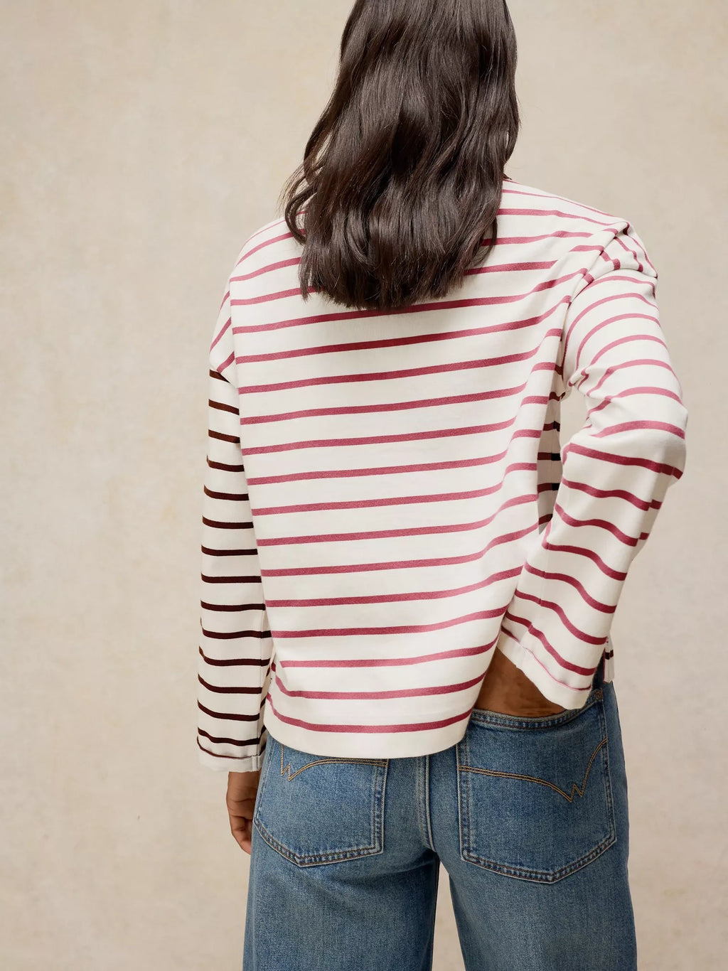 Woman wearing Kim Stripe Long Sleeve Tee in Ivory Multi - back view