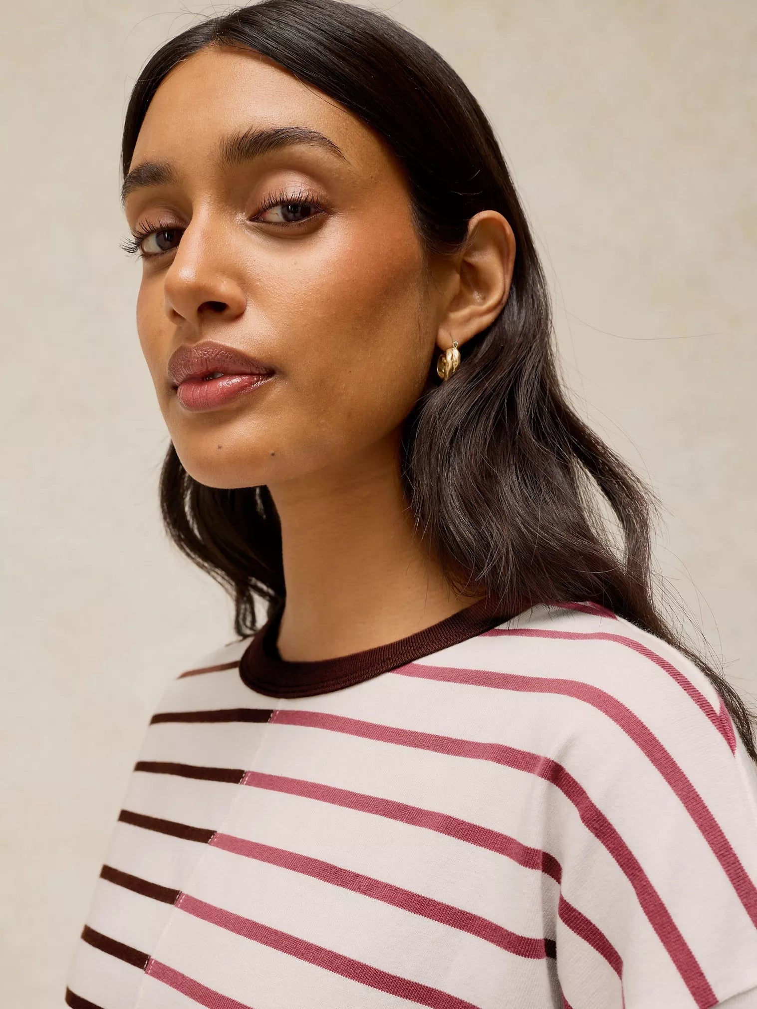 Kim Stripe Long Sleeve Tee crew neck detail in Ivory Multi