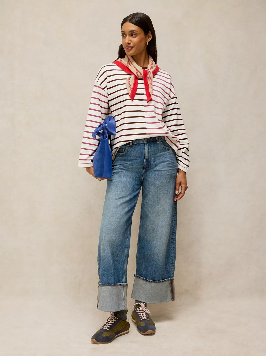 Woman wearing Kim Stripe Long Sleeve Tee in Ivory Multi - front view