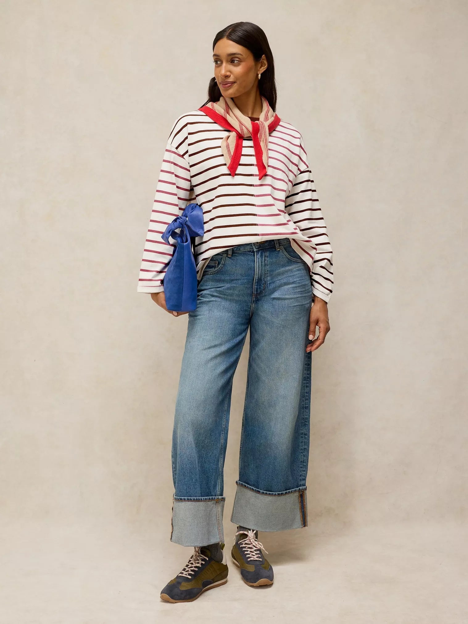 Woman wearing Kim Stripe Long Sleeve Tee in Ivory Multi - front view