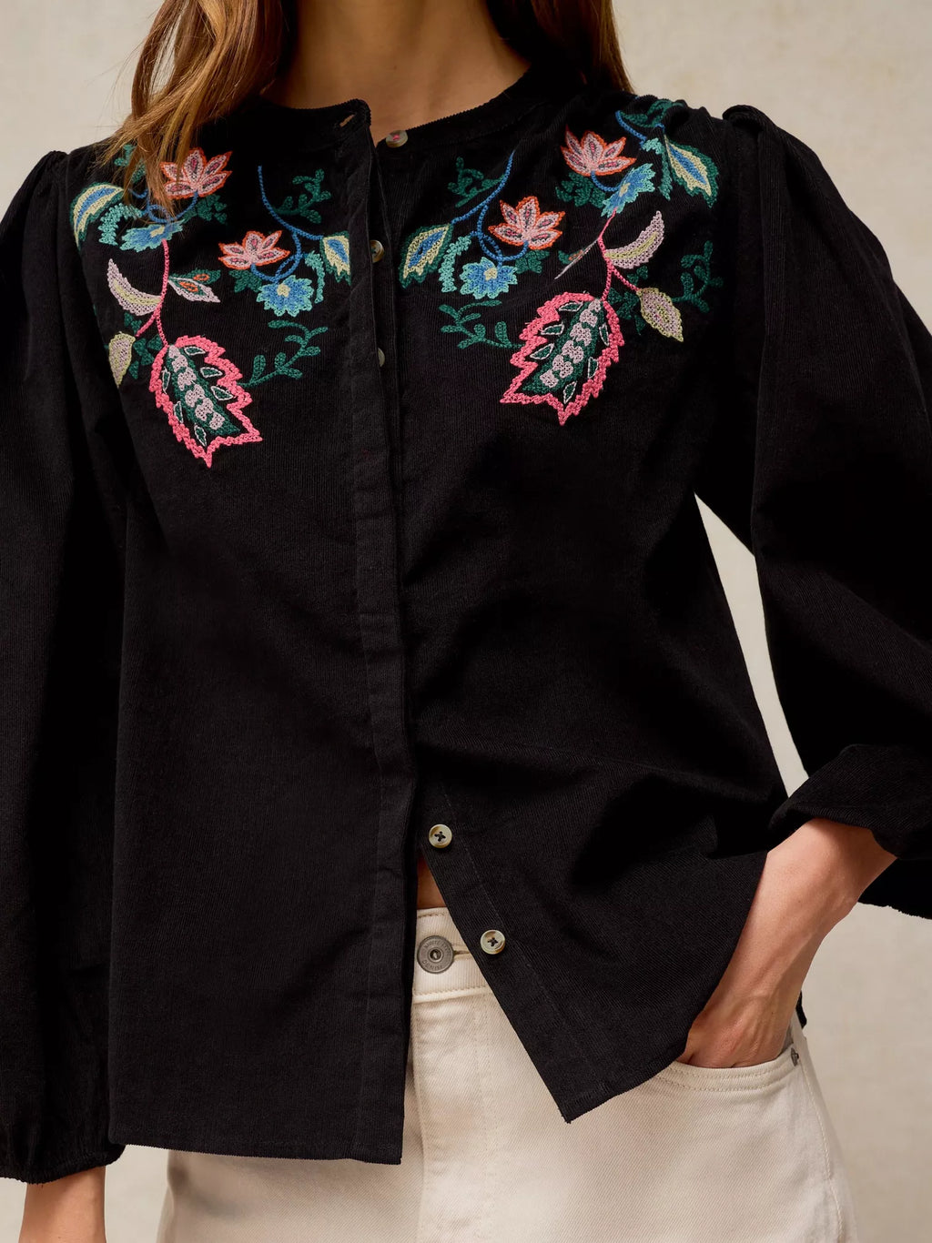 Wren Embroidered Cord Top – Black Multi