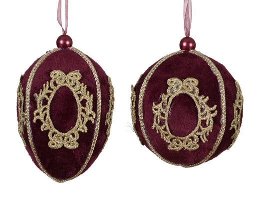 Figure-shaped velvet Christmas baubles in fig with lace decoration and organza ribbon 
