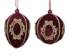 Figure-shaped velvet Christmas baubles in fig with lace decoration and organza ribbon 