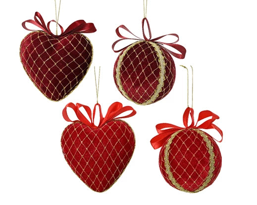 Assorted velvet heart-shaped Christmas ornaments with gold lace and bows