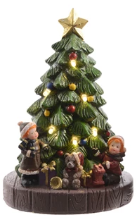Lumineo LED Christmas scene with children, Santa, and tree – warm white lights, indoor décor, battery powered, 15.5cm polyresin figure