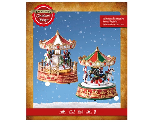 LED Winter Carnival Carousel with flashing multicolour lights, movement, and music – 23 cm indoor holiday scene decoration