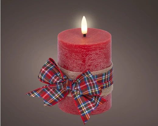 Rustic LED wick candle with red check bow, warm white light, 13 cm tall, battery operated with timer, festive indoor décor