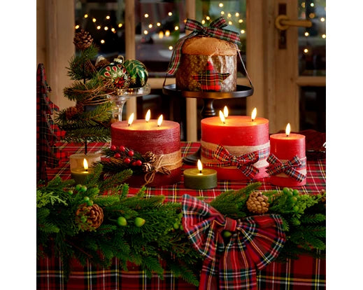 Rustic LED wick candle with red check bow, warm white light, 13 cm tall, battery operated with timer, festive indoor décor