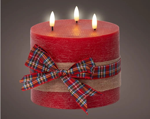 Rustic red LED candle with check bow and warm white flame effect, 15cm