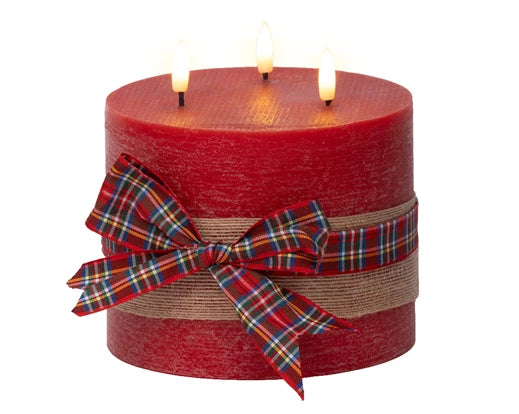 Rustic red LED candle with check bow and warm white flame effect, 15cm
