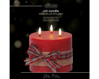 Rustic red LED candle with check bow and warm white flame effect, 15cm