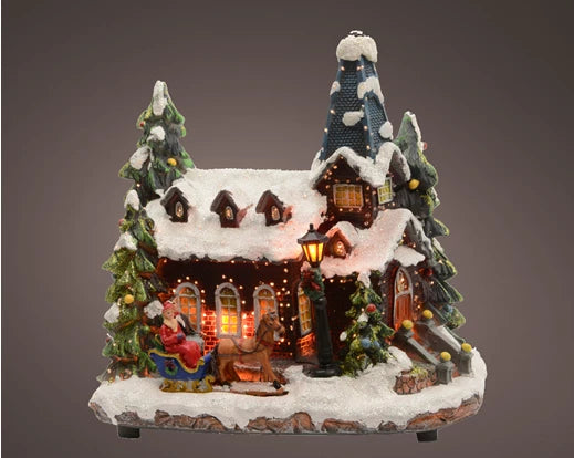 Lumineo LED colour-changing Christmas church scene – indoor plug-in decoration, 27 cm tall with warm glow, UK transformer included