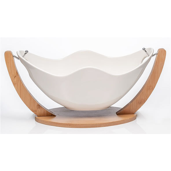 White ceramic fruit bowl in wooden stand – modern home gift