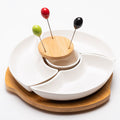 Small ceramic dip set with three bowls on wooden turntable – gift ready