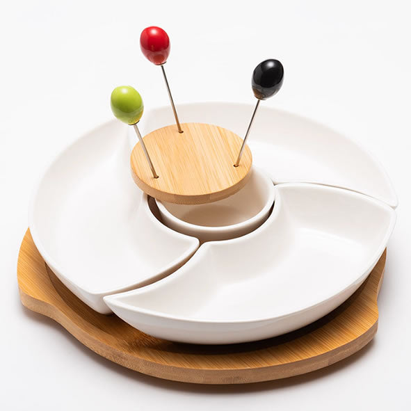 Small ceramic dip set with three bowls on wooden turntable – gift ready