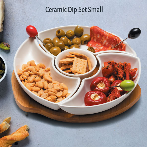 Elegant dip serving set with rotating wooden base and ceramic bowls