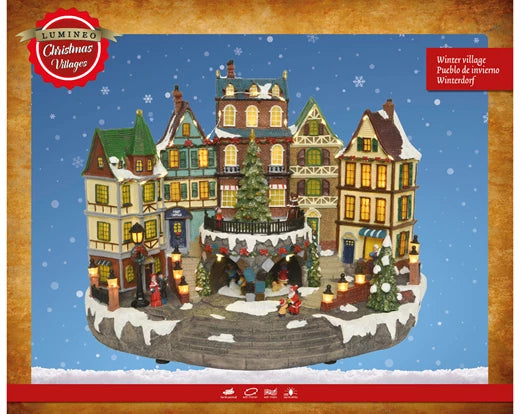 Lumineo large LED Christmas village scene with music, 48 warm white lights, movement, indoor plug-in décor, 31.5 cm high