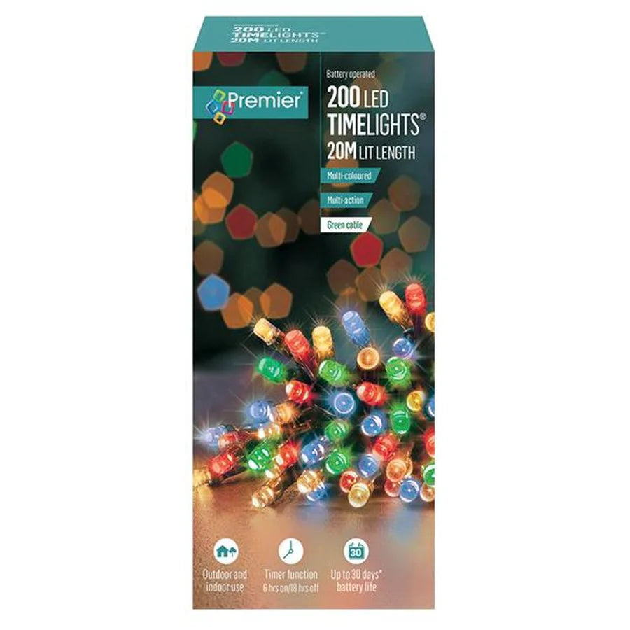 Premier 200 LED Battery Xmas Lights – White & Multi, Timer-Controlled