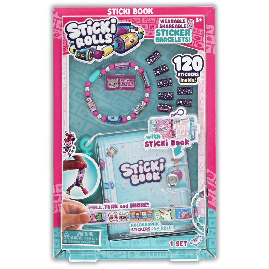 Packaging of Sticki Rolls with sticker book and bracelets on a white background