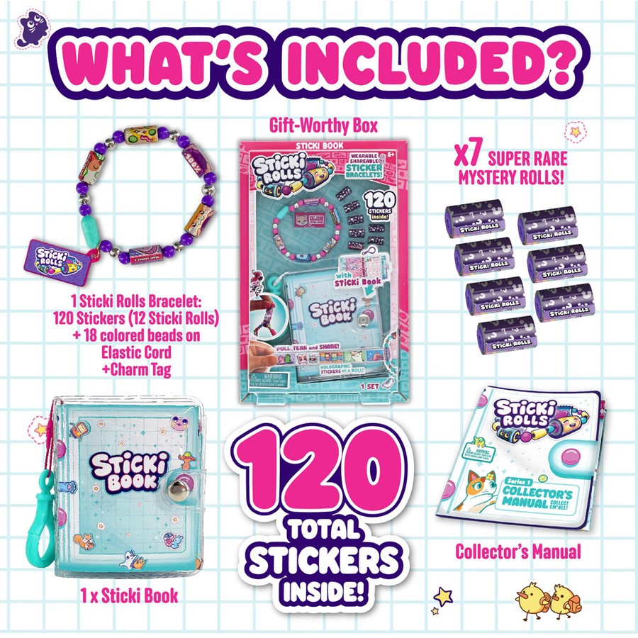 Sticki Rolls product set with packaging, bracelet, and manual on a grid background