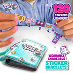 Sticky Rolls product with hands wearing colorful sticker bracelets and a sticky book, featuring 120 stickers included.