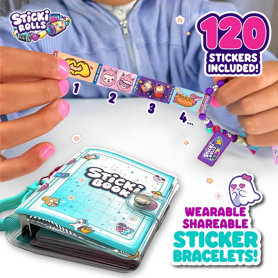 Sticky Rolls product with hands wearing colorful sticker bracelets and a sticky book, featuring 120 stickers included.