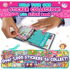 Sticker book with hands opening it, surrounded by colorful stickers and promotional text.