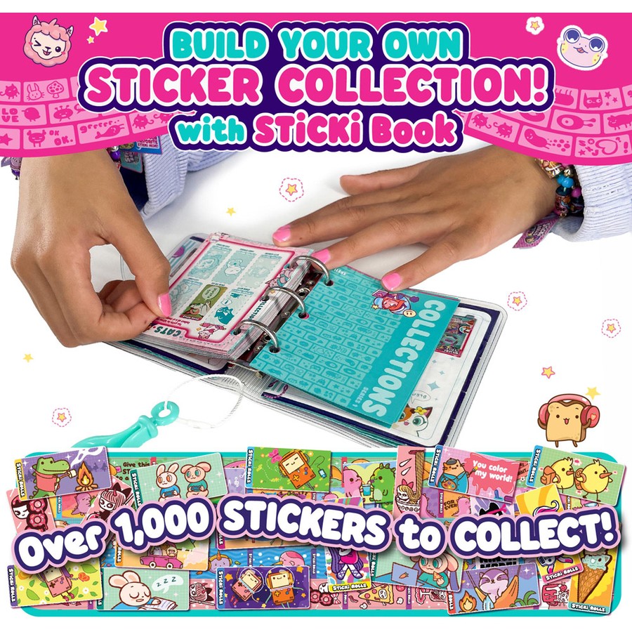 Sticker book with hands opening it, surrounded by colorful stickers and promotional text.