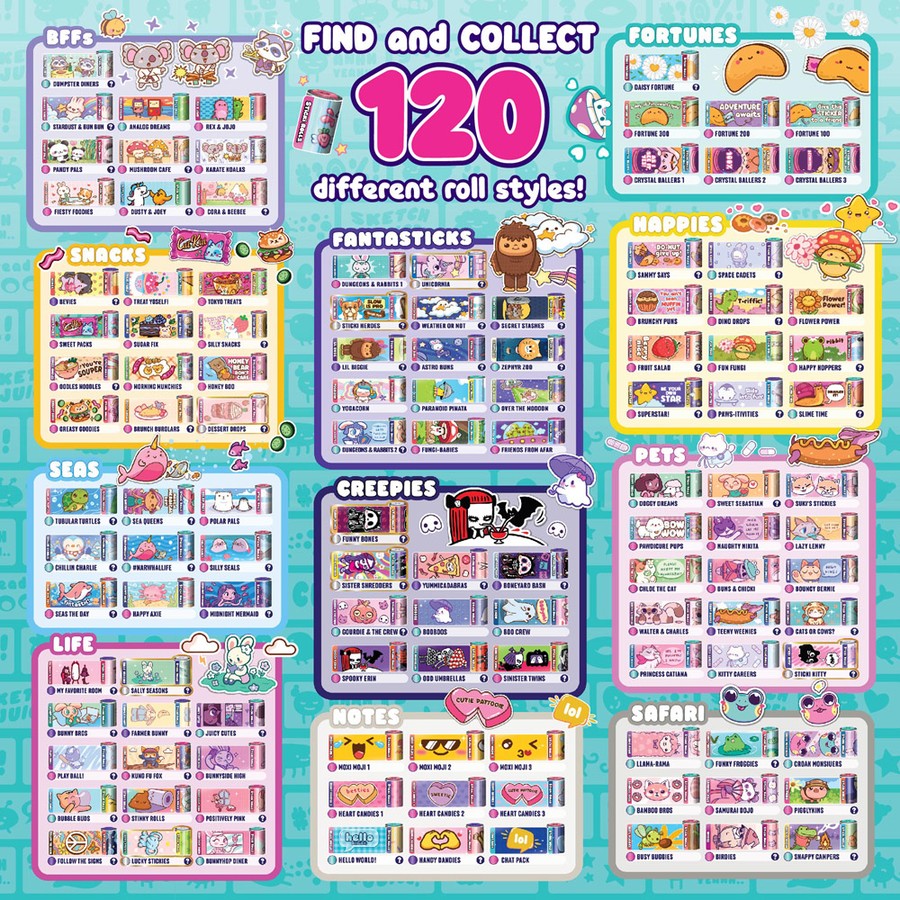 Colorful poster with various categories of collectible items and text 'Find and Collect 120 different roll styles!'.