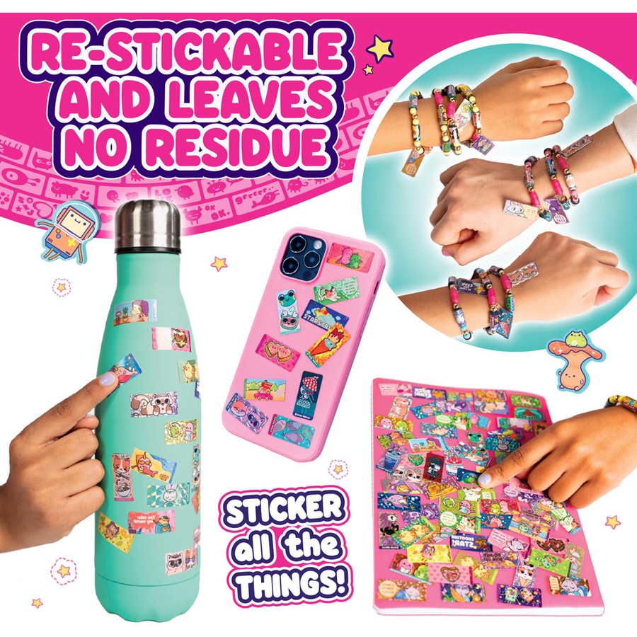 Product display with a water bottle, phone, and stickers with text highlighting features.