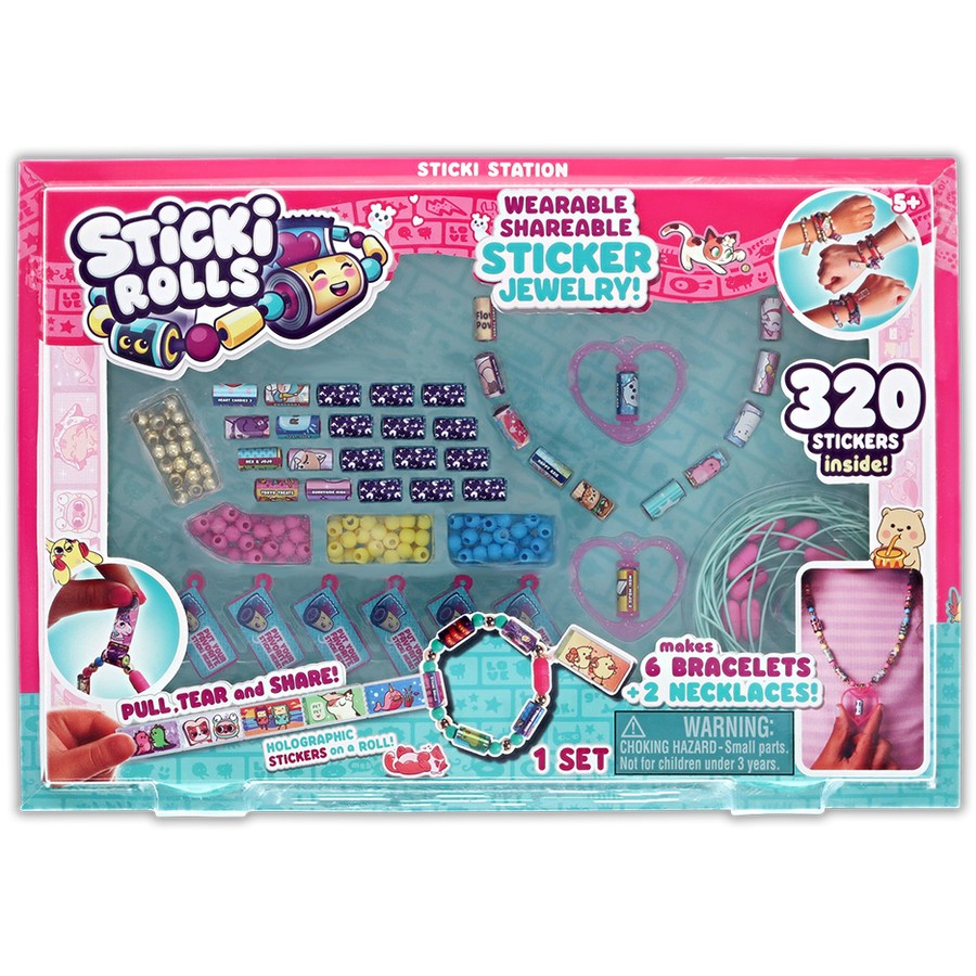 Sticki Rolls jewelry-making kit packaging with colorful stickers and jewelry items.