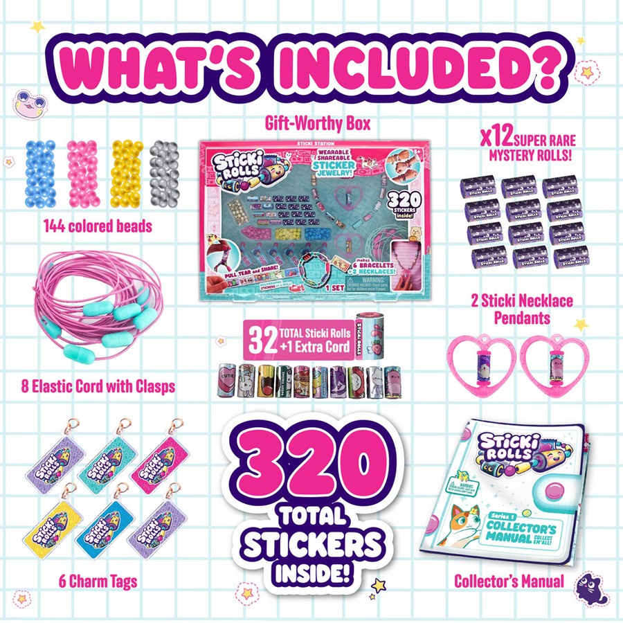 Sticky Rolls product set with packaging and included items on a grid background