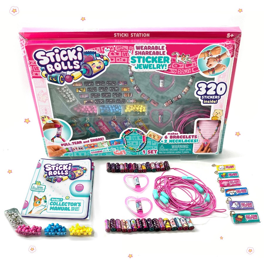 Sticky Rolls jewelry-making kit with packaging, stickers, and jewelry on a white background