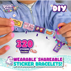 Person wearing a colorful sticker bracelet with 'Sticki Rolls' branding and text about stickers and bracelets.
