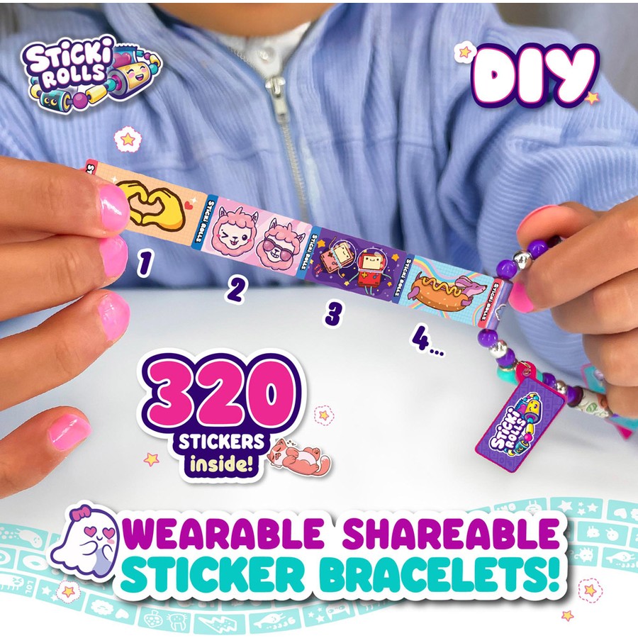 Person wearing a colorful sticker bracelet with 'Sticki Rolls' branding and text about stickers and bracelets.
