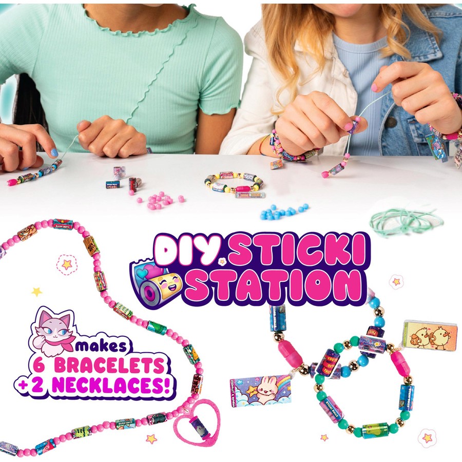 Children making bracelets at a DIY Sticki Station with colorful beads and necklaces.