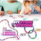 Children making bracelets at a DIY Sticki Station with colorful beads and necklaces.