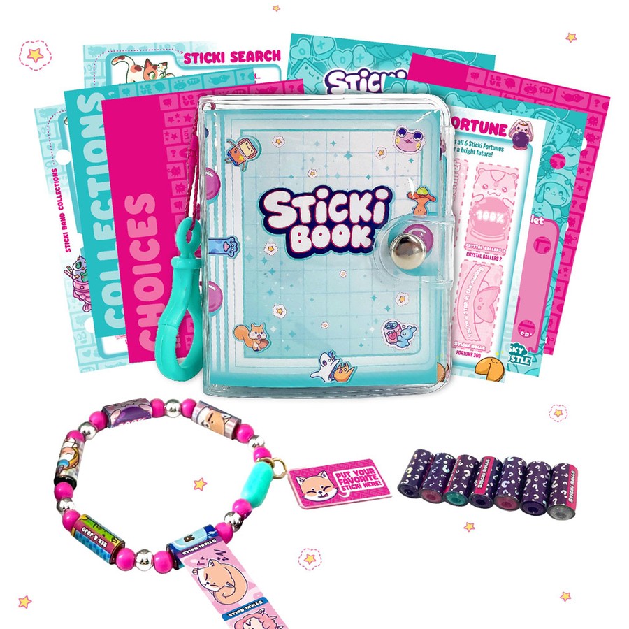 Collection of 'Sticki' products including a book, necklaces, and cards on a white background.