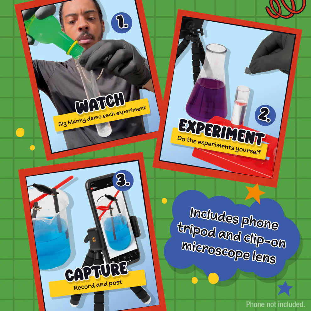 Kid wearing goggles performing a chemistry experiment with the Big Manny science set.