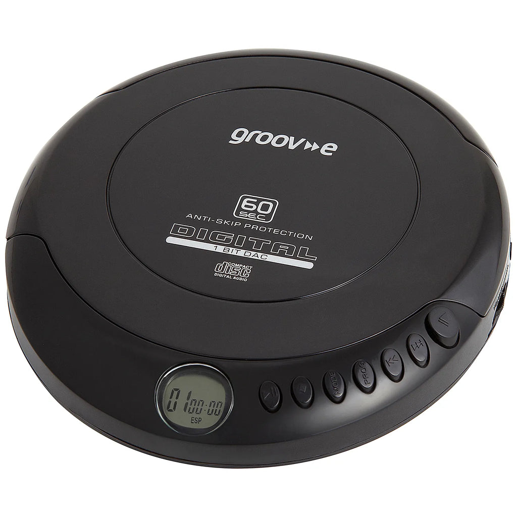 A black groove digital CD player with a circular design, featuring a small LCD display, button controls, and white printed text on the top surface.