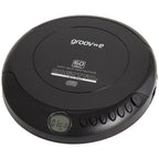 A black groove digital CD player with a circular design, featuring a small LCD display, button controls, and white printed text on the top surface.