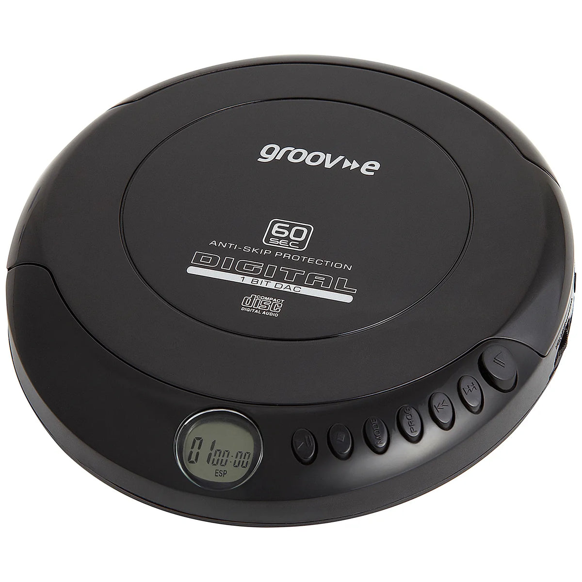 A black groove digital CD player with a circular design, featuring a small LCD display, button controls, and white printed text on the top surface.