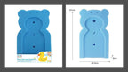 Blue bear-shaped bath sponge support shown in two views on a white background, with a package label on the left and dimension markings (29.5cm width, 47cm height, 4cm depth) on the right.