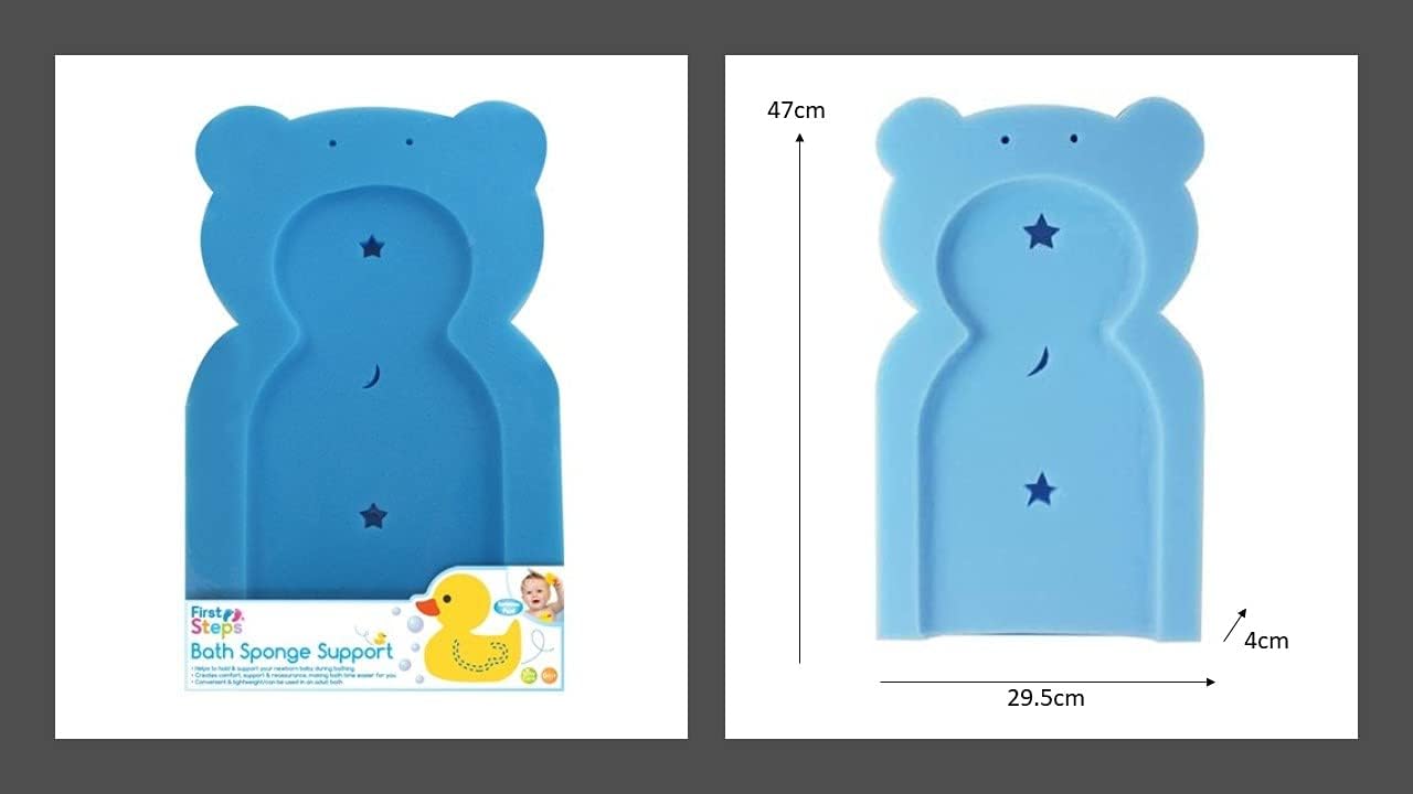 Blue bear-shaped bath sponge support shown in two views on a white background, with a package label on the left and dimension markings (29.5cm width, 47cm height, 4cm depth) on the right.