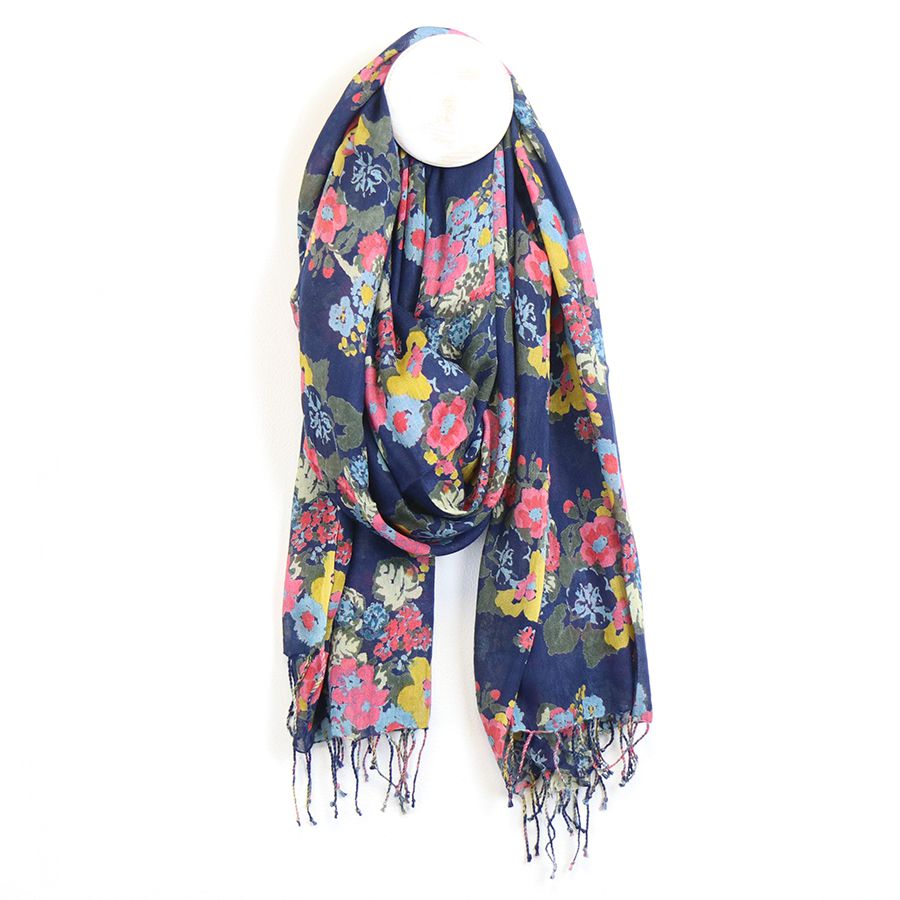 Navy and pink mix painted floral scarf with tassels - Flemings Department Store