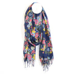 Navy and pink mix painted floral scarf with tassels - Flemings Department Store