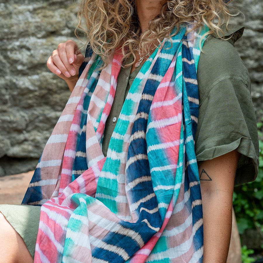 Organic cotton blue mix batik stripe scarf - Flemings Department Store
