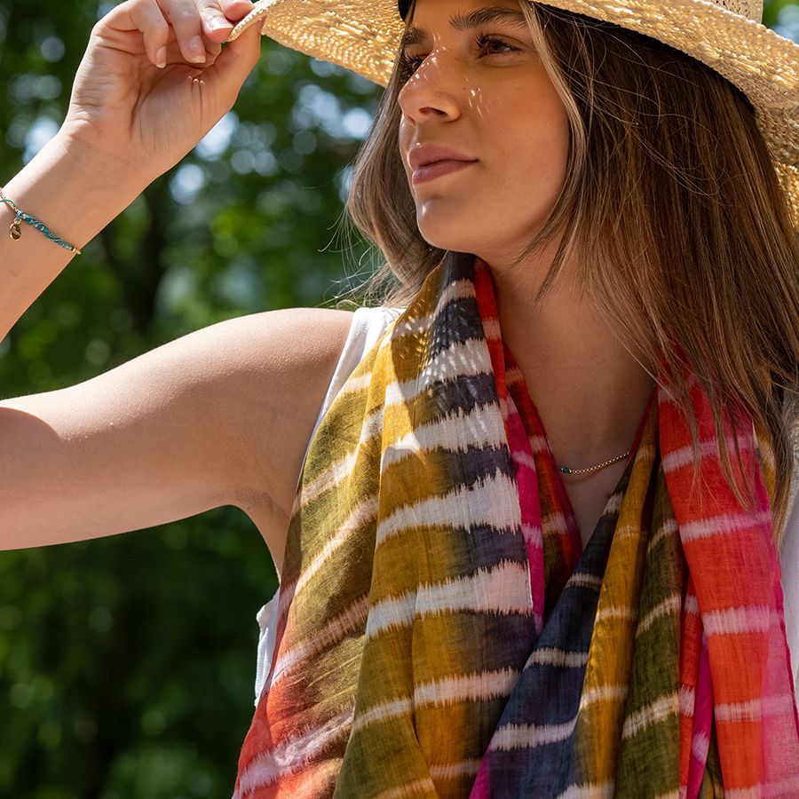 Organic cotton red mix batik stripe scarf - Flemings Department Store